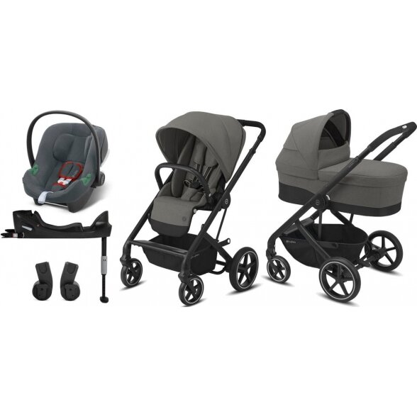 "Cybex Balios S Lux" - daugiafunkcinis vežimėlis "4-in-1" ir "Aton B2" automobilinė kėdutė + "isofix" bazė | BLK Soho Grey