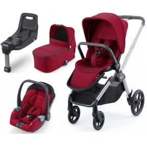 "Recaro Celona" - daugiafunkcinis vaikiškas vežimėlis, rinkinys "4 viename" | Aluminium Grey - Select Garnet Red