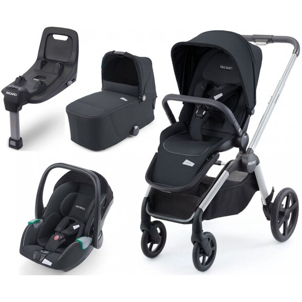 "Recaro Celona" - daugiafunkcinis vaikiškas vežimėlis, rinkinys "4 viename" | Aluminium Grey - Prime Mat Black