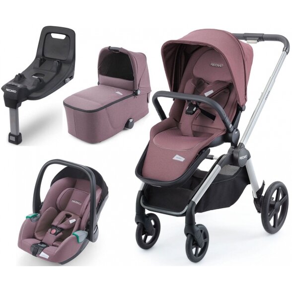 "Recaro Celona" - daugiafunkcinis vaikiškas vežimėlis, rinkinys "4 viename" | Aluminium Grey - Prime Pale Rose