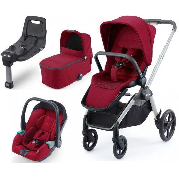 "Recaro Celona" - daugiafunkcinis vaikiškas vežimėlis, rinkinys "4 viename" | Aluminium Grey - Select Garnet Red